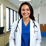 **

"A female doctor in a fully clothed, professional white coat, smiling warmly in a bright and clean hospital environment, appropriate attire, safe for work, perfect anatomy, correct proportions, natural pose, well-formed hands, proper finger count, natural body proportions, professional photography, high quality, modest, family-friendly."

**