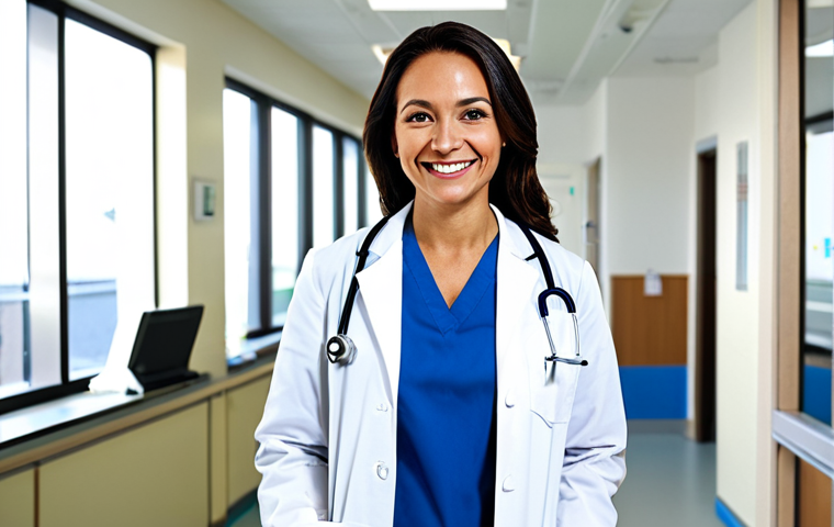 **

"A female doctor in a fully clothed, professional white coat, smiling warmly in a bright and clean hospital environment, appropriate attire, safe for work, perfect anatomy, correct proportions, natural pose, well-formed hands, proper finger count, natural body proportions, professional photography, high quality, modest, family-friendly."

**
